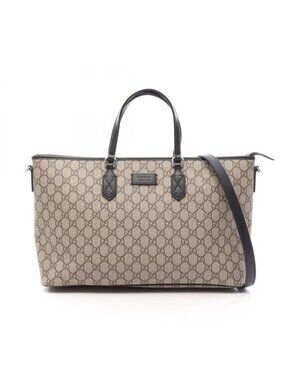 Gucci Tote Bag GG Supreme 2-Way Black Beige Brown Leather Medium